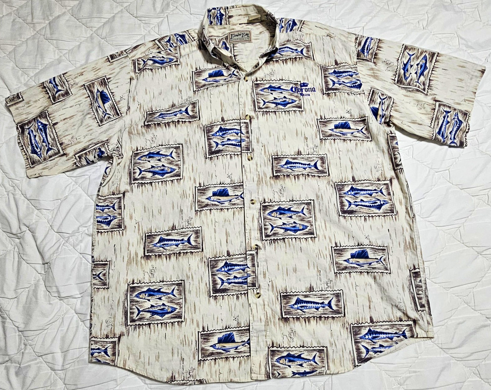 Vintage Bimini Bay Corona Extra Marlin Camp Shirt XL Cotton Hawaiian Fish Beer